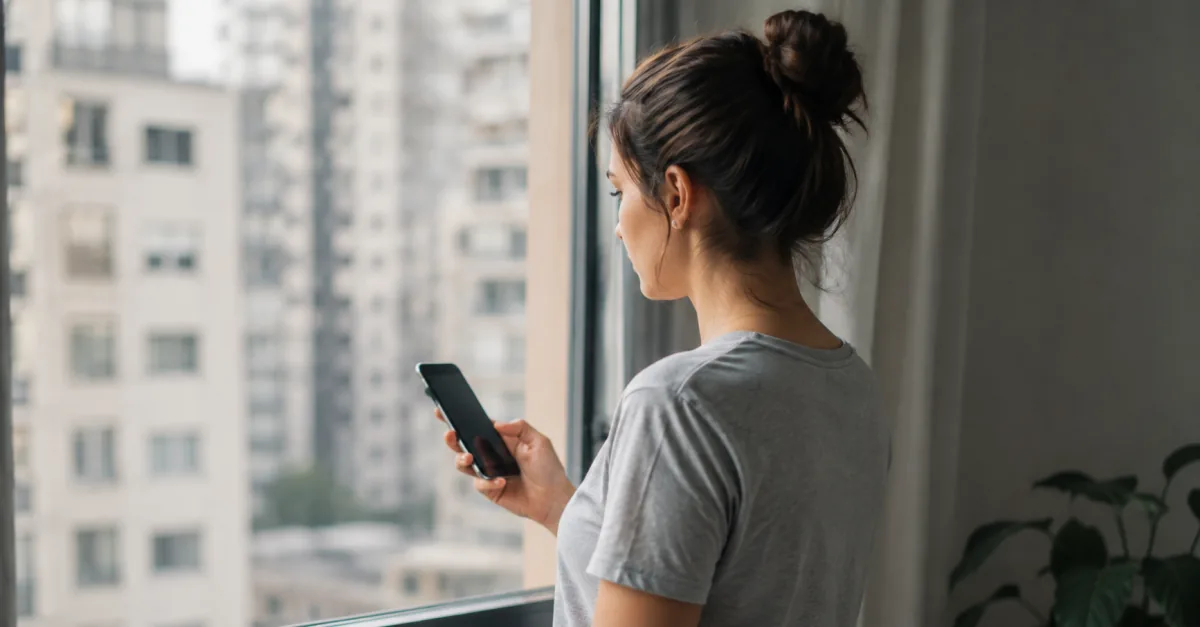 Person by a window checking a VPN connection on a phone