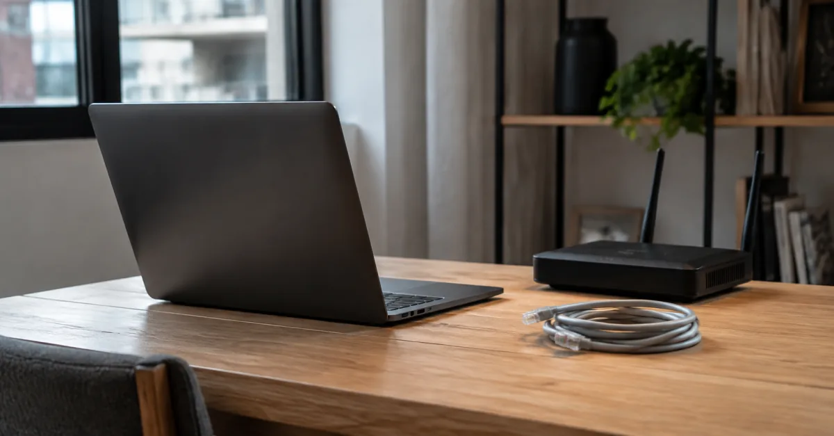 Laptop, router and network cable on a desk for checking internet access
